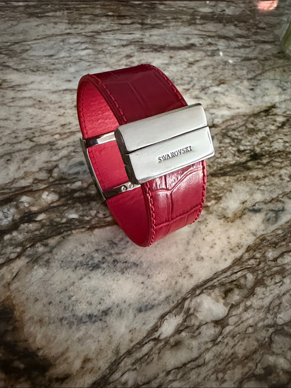 Swarovski Swan Marked Wide Red Reptile Leather Bracelet with Red/Black crystals